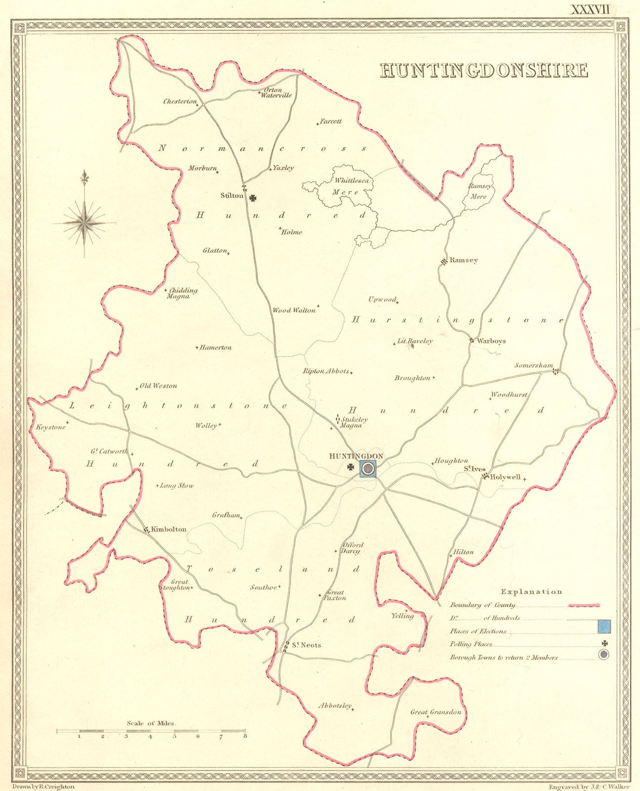 HUNTS. Huntingdonshire. Creighton Walker 1835 old antique map plan chart